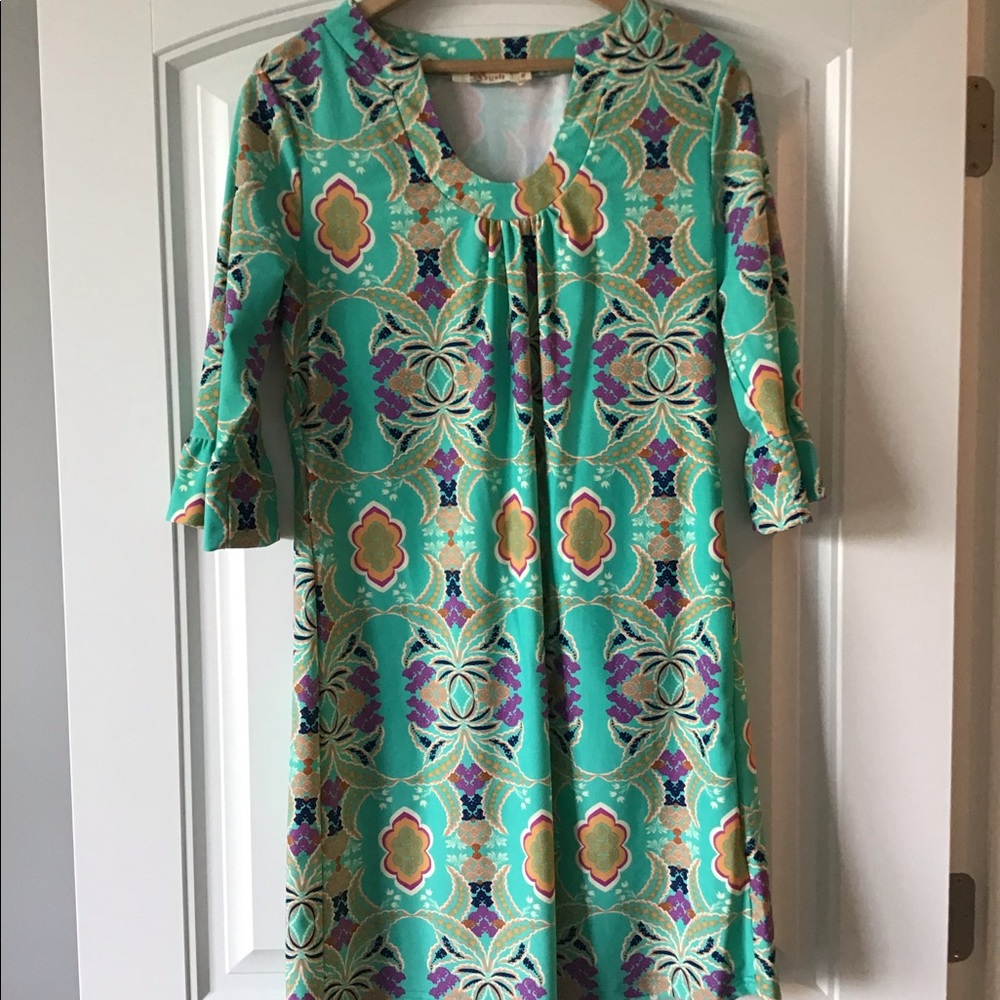 Aryeh Teal Floral Print Shift Dress with Purple & Yellow Accents